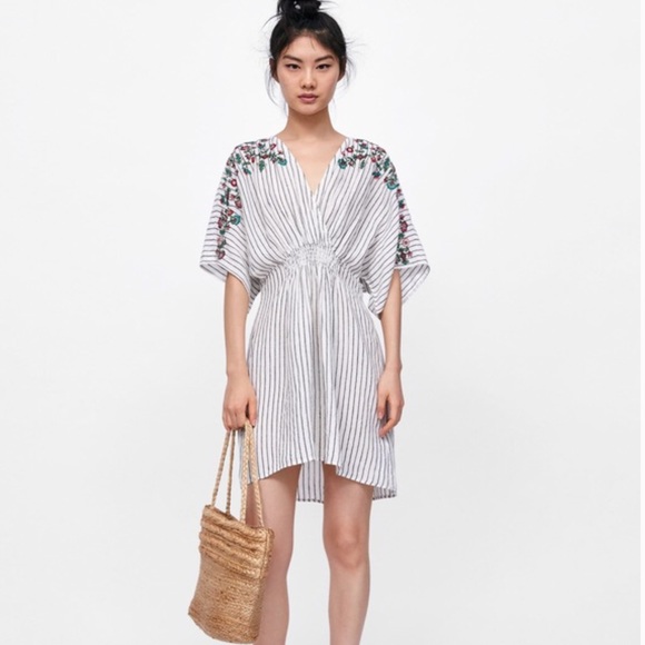 Zara Dresses & Skirts - Zara Basic Striped and Embroidered Linen Dress